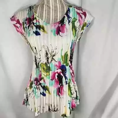 Milano NWOT White W/Multi Floral Accordian Pleat Short Sleeve Top Size XLarge • $20