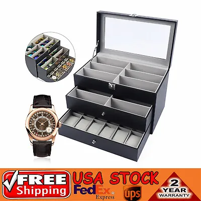 Watch Box Leather Display Case Organizer 24 Slots Glass Jewelry Storage Men NEW • $36.10