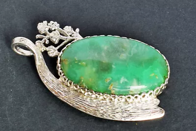 925 Sterling Silver Vintage Chrysoprase Pendant Engraved Oval Handmade Jewelry • $221