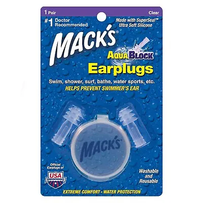 Mack's Aqua Block Ear Plugs. Suitable For Swimming (1 Pair)  -Clear • £7.95