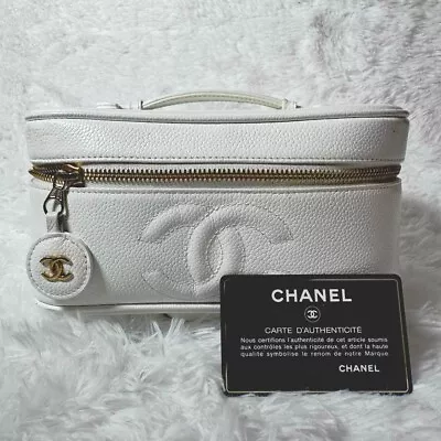 CHANEL CC Vanity Hand Bag Caviar Leather White Gold France Vintage • $622