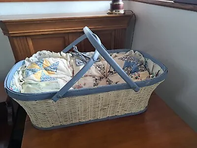 Vintage Wicker Bassinet Double Handle Large Wood Basket Quilt Bedding Baby Doll • $65