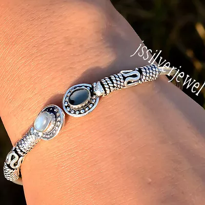 Moonstone & Black Onyx Gemstone 925 Sterling Silver Mom Gift Cuff Bracelet/C-753 • $20.29