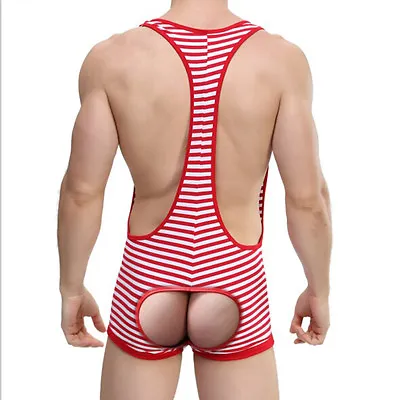 Cotton Strip Backless Bodywear MankiniMen's Wrestling Singlet Struggles Leotard • £7.80