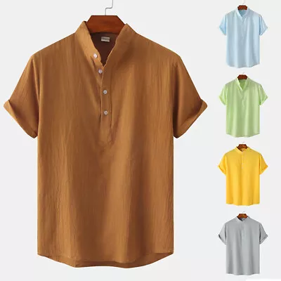 Tunic T-Shirt Shirt Blouse Tees Tops Linen Cotton Short Sleeve Men Solid • $14.68