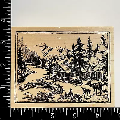 PSX Mountain Cabin Lodge River Lake Deer Scene K2780 Wood Mounted Rubber Stamp • $23.99