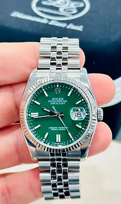 Rolex Datejust 116234 18K White Gold Bezel Custom Green Dial Jubilee Steel Watch • $12787.10