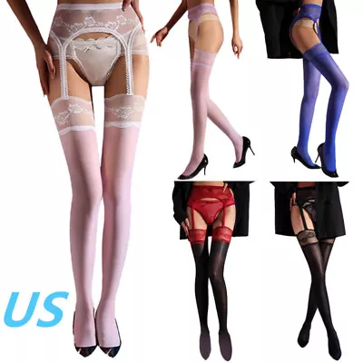 US Womens See Through Lace Suspender Pantyhose Tights Stockings With Garter • $8.69