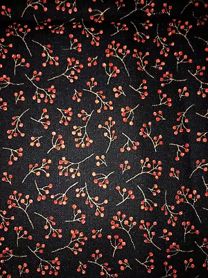 Winter Berries Branches Tiny Mini Scale Bittersweet Tossed On Black Fat Quarter • $5.99