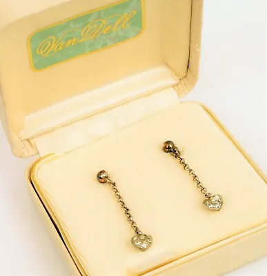 Vintage Signed Van Dell Sterling Silver Heart Drop Dangle Rhinestone Earrings ! • $35