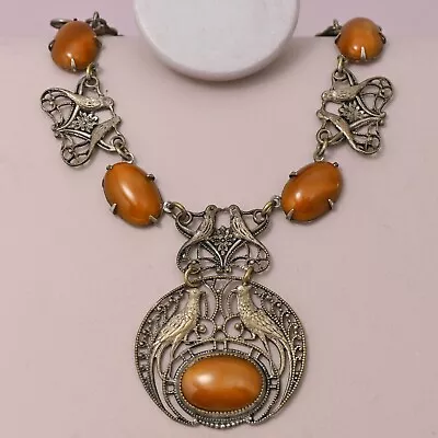 Vintage 1930s Czech Art Deco Nouveau Glass Peacock Bird Pendant Necklace • $195