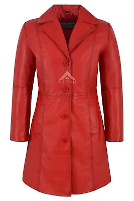 TRENCH Ladies Leather Jacket Red Knee-Length Classic Designer Lambskin Coat 3457 • £128.62