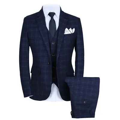 Men’s Mogu Blue Plaid 3 Piece Slim Fit Suit Jacket 34 Pants 32 NWT • $85