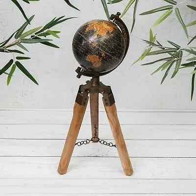 Vintage Black Rotating World Globe Atlas With Wooden Tripod Home/office Decor • $129.55