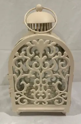 Lantern For Candle In Metal Cup Indoor Outdoor Beige Scrollwork Moroccan Wedding • $21.95
