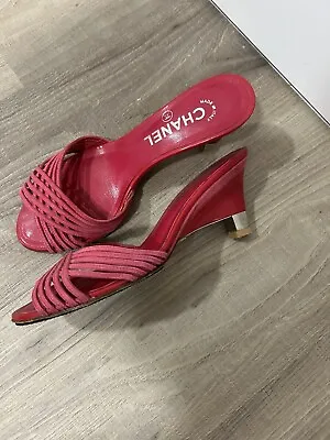 CHANEL Hot Pink Patent Leather Wedges 37.5 US 7 • $179