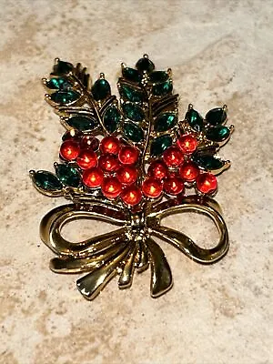 Monet  Christmas Pin Brooch Holly Berries Bow • $12.95