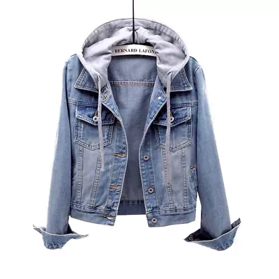 Denim Jacket Outwear Coat Hoodies Casual Jeans Top Long Sleeve Hooded Women • $38.94