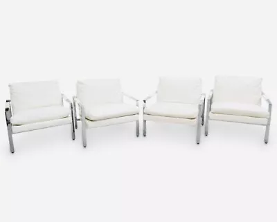 Set Of 4 Milo Baughman For Thayer Coggin Leather Chrome Flat Bar Lounge Chairs  • $4999