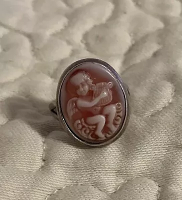Vintage 925 Sterling Silver Ring Cameo Cherub Angel & Harp Setting Size 6 • $20