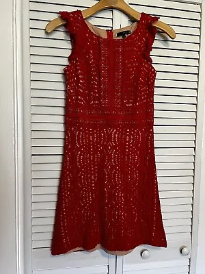 SANGRIA Women’s SIZE 6 DRESS A-line  Sleeveless Lace Overlay Flutter Sleeve Red • $20.97