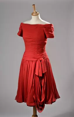 Vintage Red Chanel Chiffon Cocktail Dress Off The Shoulder Size Small • $2750