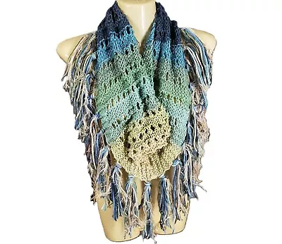 NEW Hand Knitted Cowl Scarf Infinity Blue Green Ombre Boho Fringe Handmade Knit • $30.79