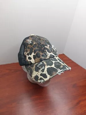 Distressed Leopard Print Pony Tail Strap Back Hat Cap • $14.99