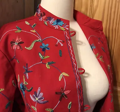 Vintage Embroidered Floral Jacket Sz M Folk Hippie Red Holiday Boho Ethnic NWOT • $34.99