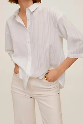 $15 • Buy Mango Mng White Self Stripe Collared Short Sleeved Shirt Size M