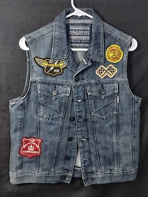 Ring Of Fire Denim Jean Vest Mens Size Small Five Patches Distressed Biker • $15.95