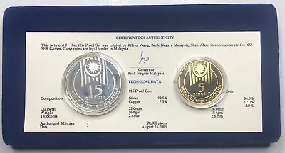 Malaysia 1989 5 & 15 Ringgit Proof 2 Coin Set XV South East Asia Games • $64.26