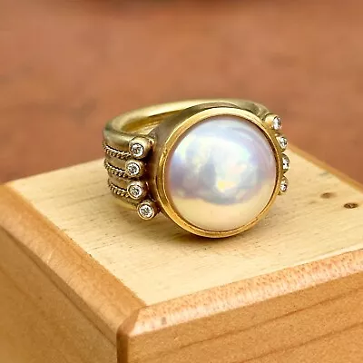 Vintage 18KT Yellow Gold Matte Genuine Round Mabe Pearl Diamond MAZ Ring 5.5 • $2999.99