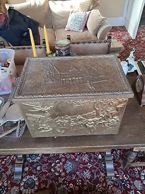 Vintage Brass Covered Embossed Coal Box- Victorian Pub Design- Fire Tool Storage • £24.99