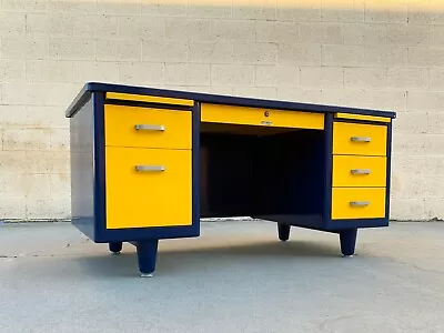 McDowell Craig Mid Century Tanker Desk Custom Refinished In Blue And Yellow  • $1400