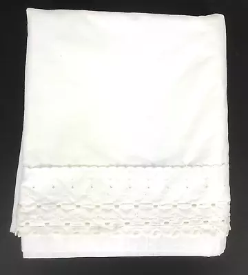 Vintage QUEEN Flat White Sheet EYELET TRIM Cottage Cotton Poly Home Design USA • $12.99