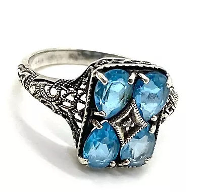 Mens Blue Topaz Pear Shape Bali Twisted Sterling Silver 925 Ring Size 9 Unisex • $29
