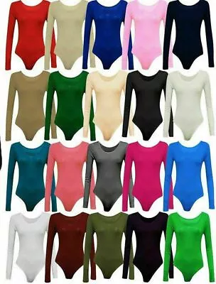 Ladies Women Scoop Neck Bodysuit Long Sleeve Leotard Plain Stretch Top Casual • £6.99