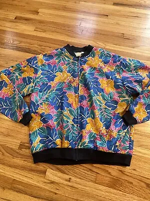 Vintage 90s Flower Faux Silk Bomber Size 10 Ladies Jacket Zip Up Made In USA • $22.22