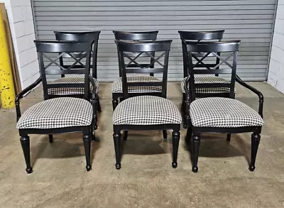 Set Of 6 Stanley Furniture Black X Back Dining Chairs Black White Check Fabric • $1299