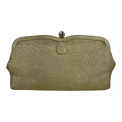 Vtg Gold Evening Clutch Handbag Metallic Glitter Shiny Kiss Lock Purse Bag READ • $29.99