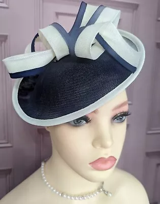 Fascinator Navy/White Round Base Upturned  Loops Scrolled InNavy/Ivory Aliceband • £25