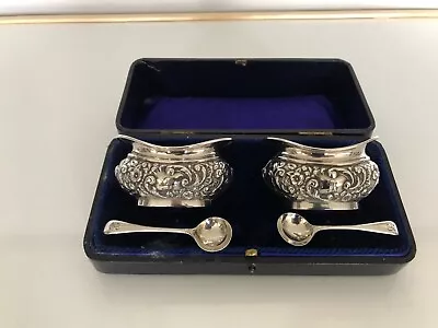 Cased Pair Of Sterling Silver Salts & Matching Salt Spoons (birmingham 1907/08) • £79.99