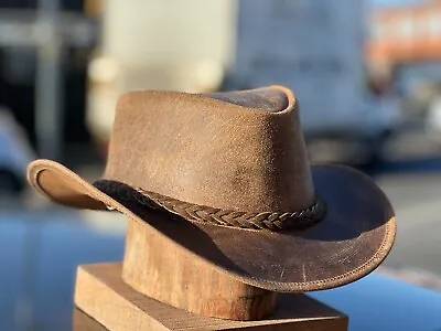 Men's Aussie Outback Genuine Real Crazy Leather Western Antique Cowboy Tan Hat • £23.65