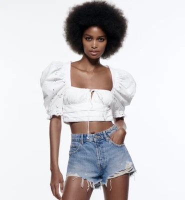 $19 • Buy Zara EMBROIDERED EYELET CROP TOP SIZE XS WHITE