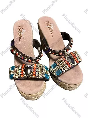 Very Volatile Multicolor Stone Bamboo Platform Wedge Sandals Womens Sz 6 • $19.30