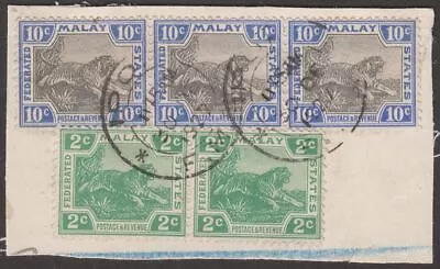 Federated Malay States 1927 KGV 10c X3 2c X2 Used On Piece With IPOH Postmarks • $1.87