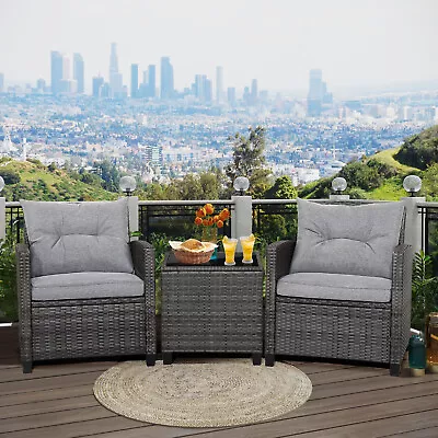 Patio 3PCS Rattan Furniture Bistro Set  Cushioned Sofas Side Table Armrest Grey • $219.49