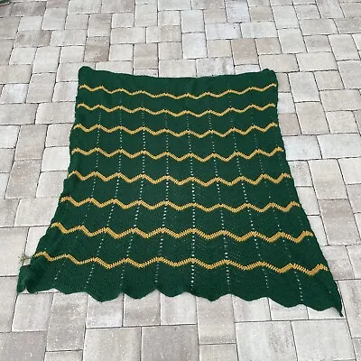 Handmade Retro Afghan Blanket Zig Zag Chevron Green And Yellow 53” X 47” Vintage • $20.99