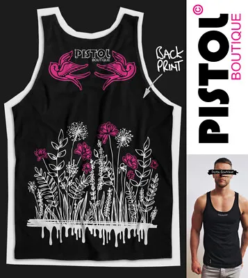 Pistol Boutique Men's Black DOODLE FLOWER SWALLOWS Back Print Vest Singlet Tank • £25.19